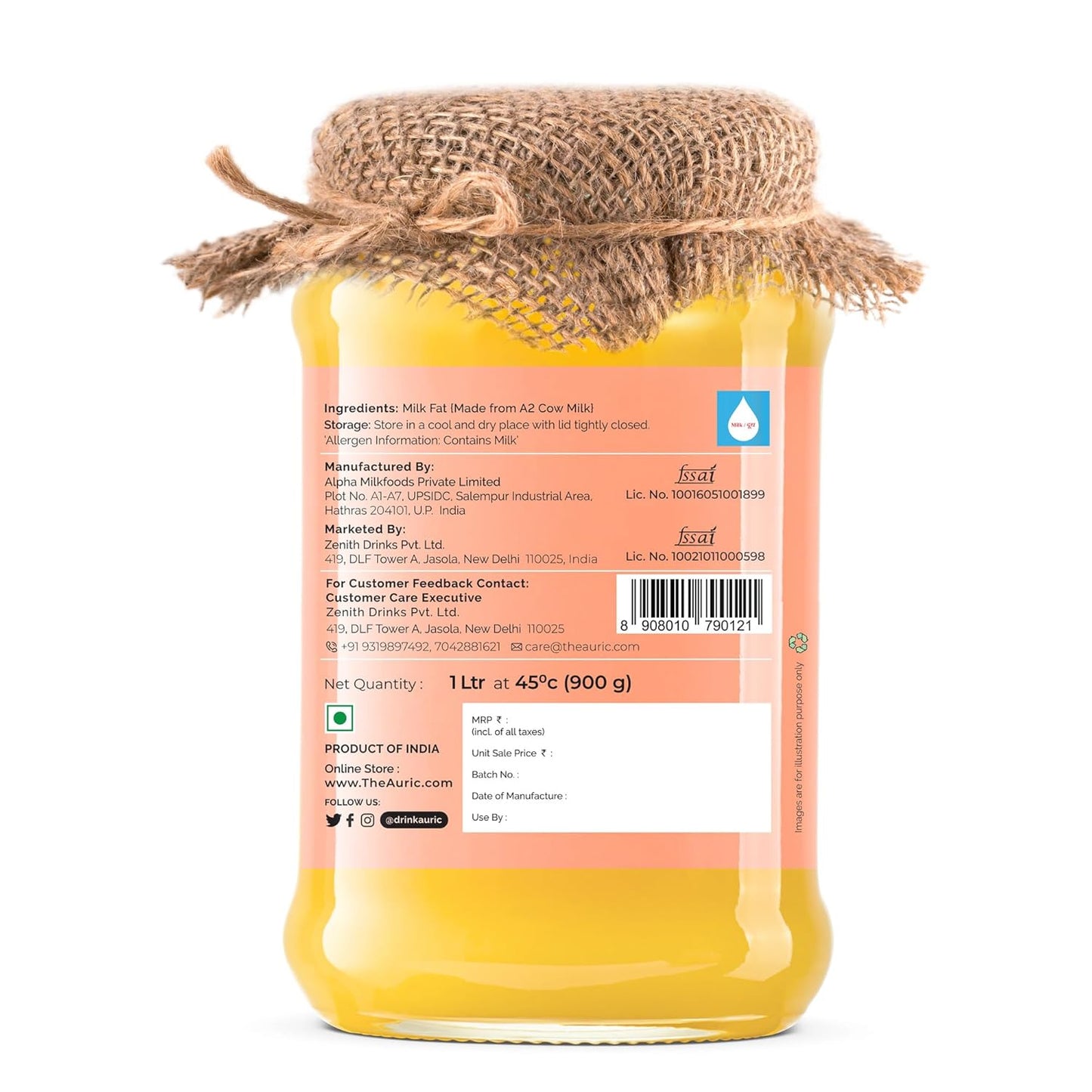 Auric A2 Bilona Desi Cow Ghee - Vedic Bilona Method -Traditional Curd Churned -Lab Tested - Danedar Ghee -Grass Fed Cow -Glass Jar