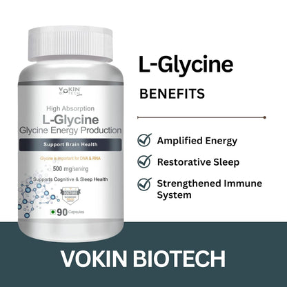 Vakin Biotech L-Glycine supplement bottle with benefits listed on a white background