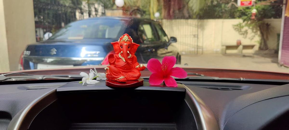 Handcrafted Poly Resin Ganesha Statue with Base - Perfect for Car Dashboard, Office Desk, Shelves, and Home Decor - Ideal Housewarming Gift! (GaddiOrangewithbase)