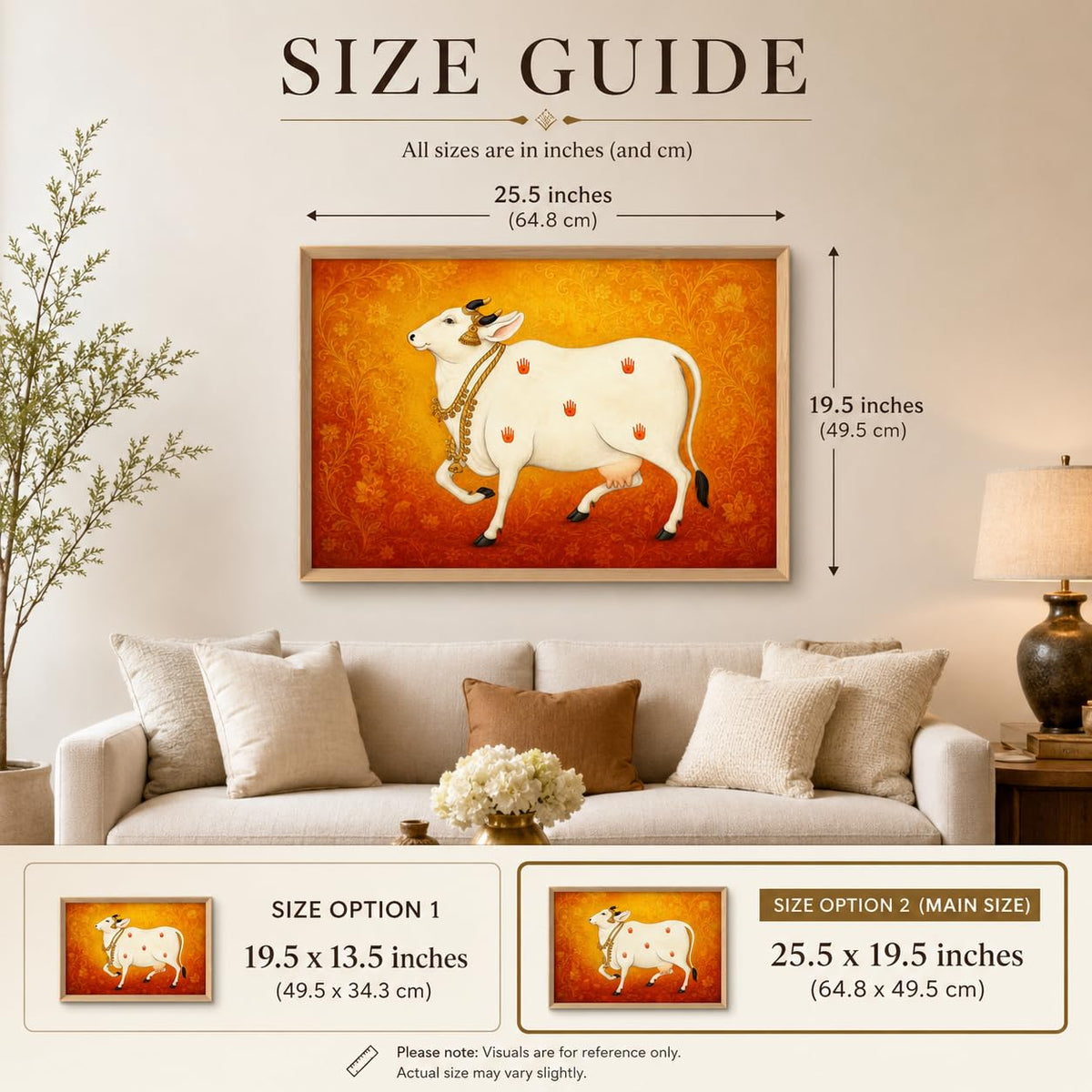 Kamdhenu Cow Vastu Wall Painting for Living Room Bedroom Hall Office Decor, Hindu Spiritual Religious Artwork, Premium Wooden Synthetic Frame (13.5 x 19.5 Inch) NM01-V-175