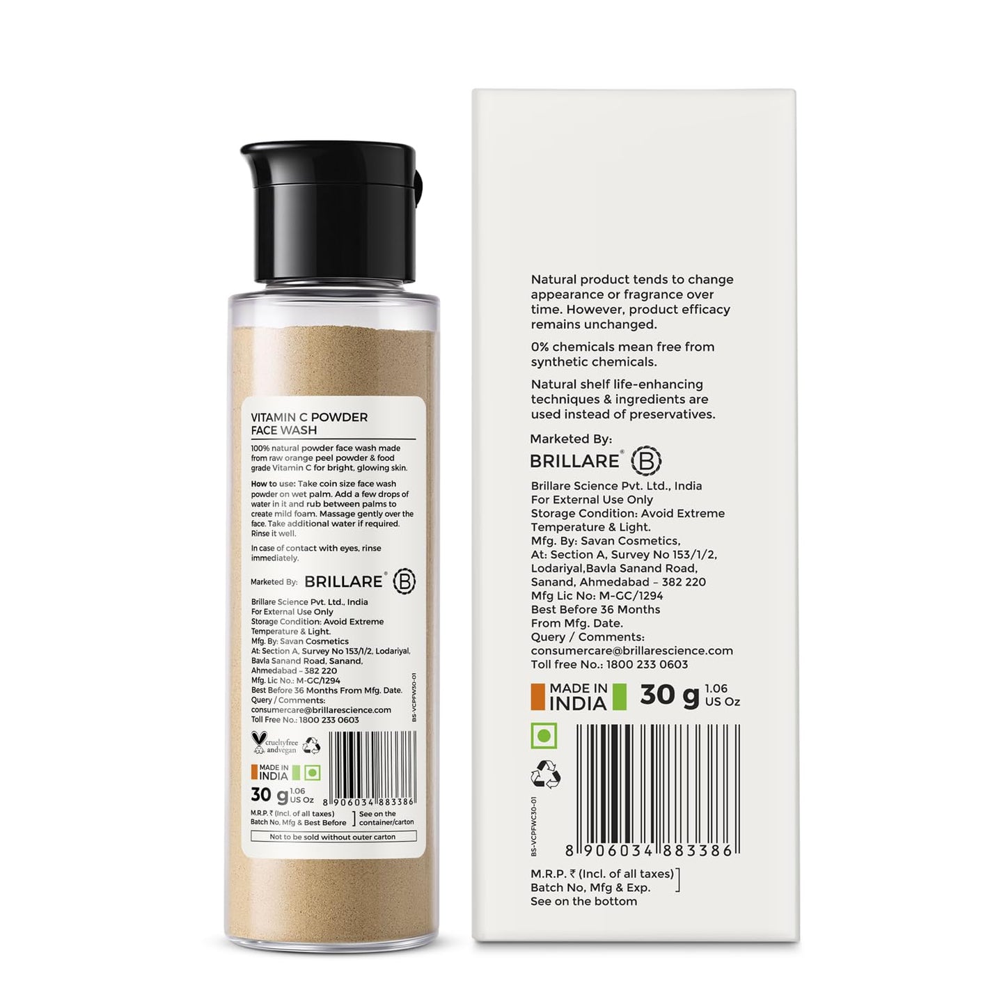 Brillare Vitamin C Powder Face Wash for Glowing, Bright Looking Skin | 100% Natural Orange Powder & Vitamin C | Gentle Exfoliation for Women & Men | Zero Chemicals