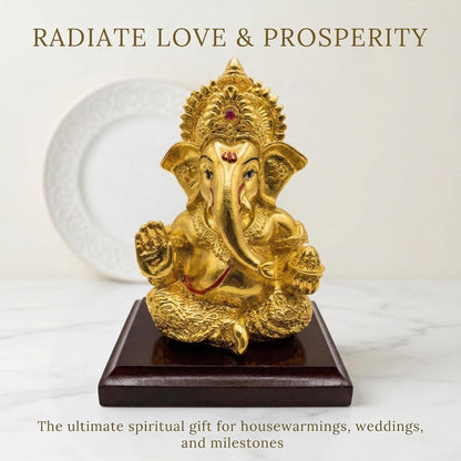 Dev Aastha 24K Gold Plated Ganesha Idol - 4 Inch Divine Seated Ganpati Statue on Premium Wooden Base - Auspicious Vastu Home Decor and Spiritual Gift with Anti-Tarnish Finish