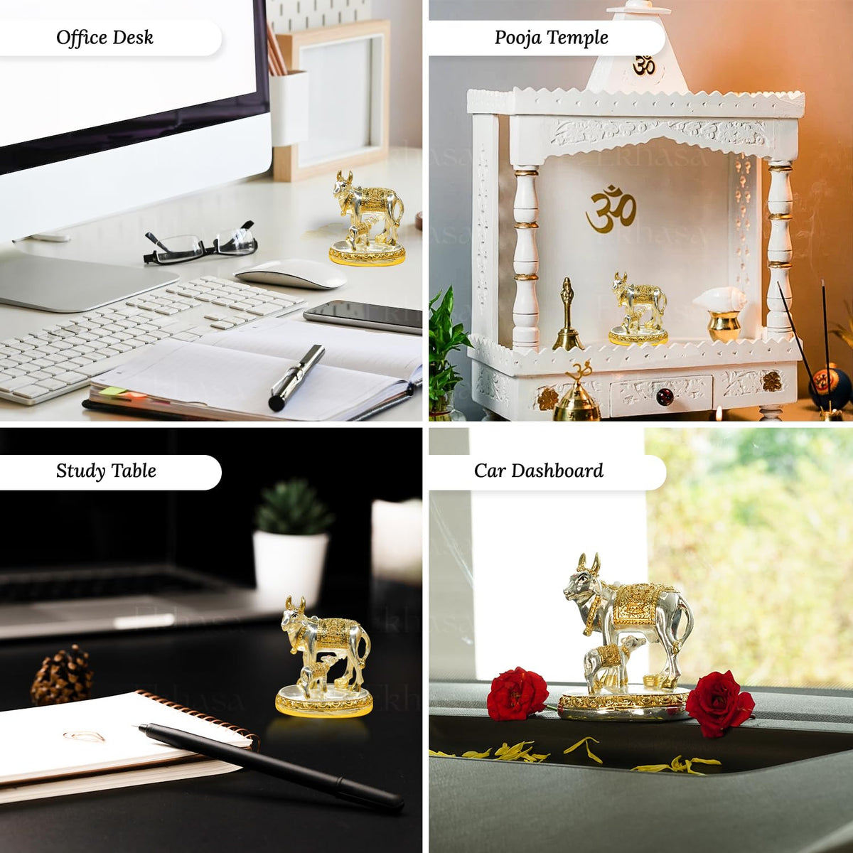 24 Carat Gold and 999 Silver Plated Kamdhenu Cow with Calf Vastu Idol | Gomatha Statue for Pooja | Silver Cow Calf Idol for Home Decor, Feng Shui, Good Luck, Gift for Griha Pravesh Ceremony