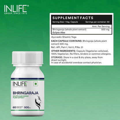 INLIFE Bhringraj Capsules for Hair | Whole Plant Extract Supplement | Eclipta Alba | Supports Healthy Hair for Women & Men, 500mg - 60 Vegetarian Capsules (Pack of 1, 60)