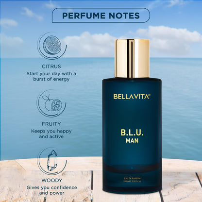 Bottle of Bellavita B.L.U. Man perfume with ocean view