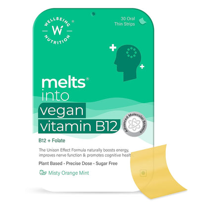 Zephivo Wellbeing Nutrition Melts Vegan Vitamin B12 Supplements for men & women | Memory Booster and Brain, Heart & Nervous System Support with B12, Folate, Brahmi & CurcuWIN | 30 Oral Thin Strips
