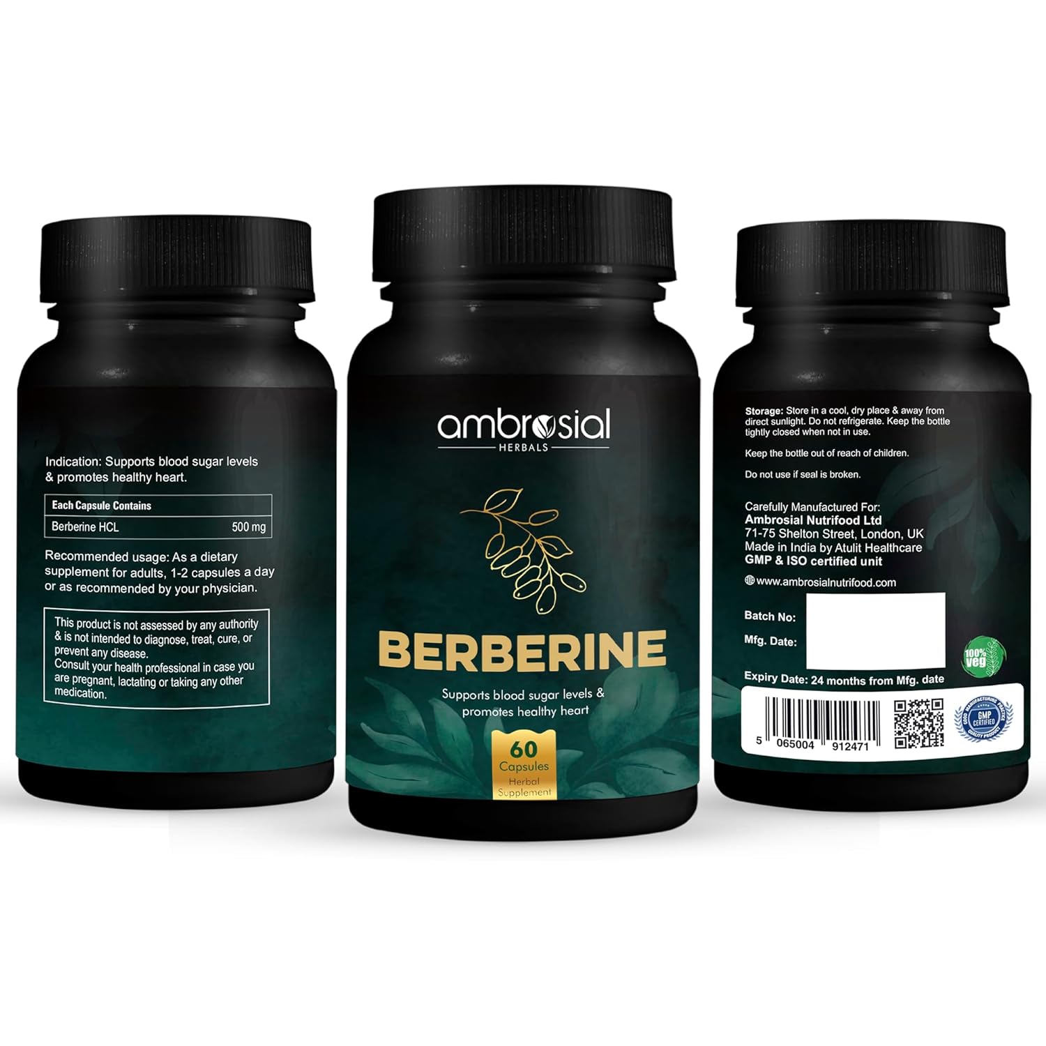 Three black bottles of Ambrosial Berberine supplement on a white background