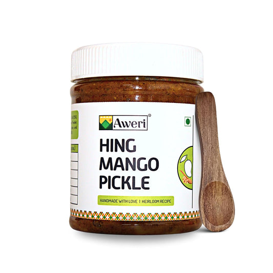 Aweri Hing Mango Pickle (400g) | Includes Sheesham Wooden Spoon | Traditional Aam Hing Achaar | Spicy & Tangy Taste | Made with Cold Pressed Mustard Oil | Digestive Benefits