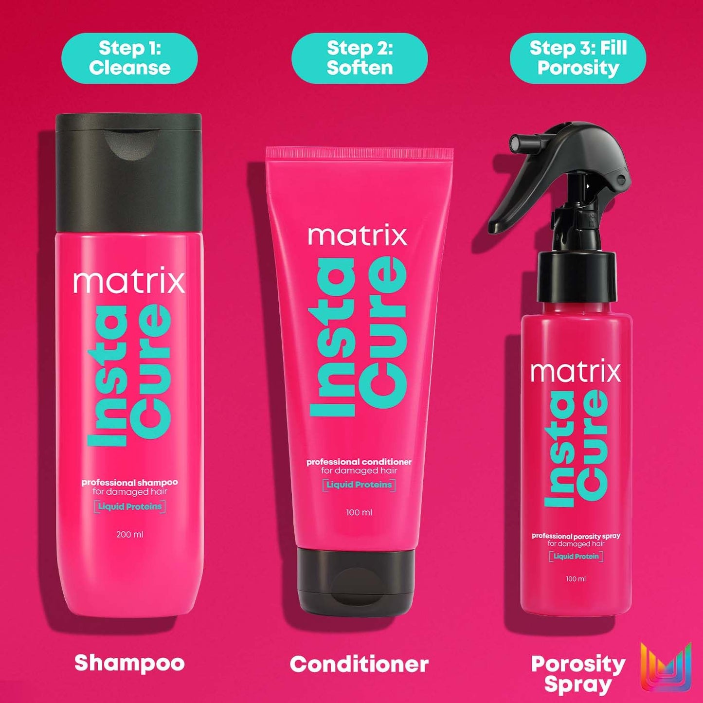 Matrix Insta Cure shampoo, conditioner, and porosity spray on a pink background