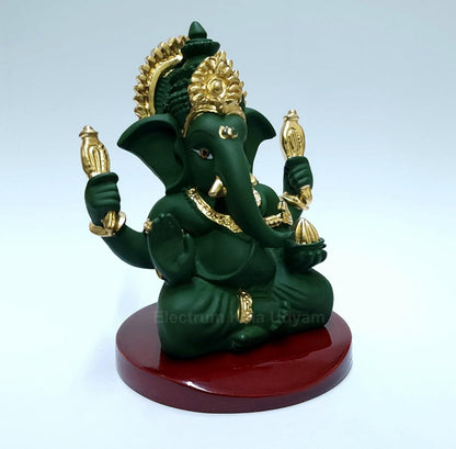 Handcrafted Poly Resin Ganesha Statue with Base - Perfect for Car Dashboard, Office Desk, Shelves, and Home Decor - Ideal Housewarming Gift! (4HandGreenTerracottaMDF)