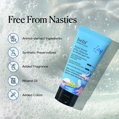 Tube of belif Aqua Bomb Jelly Cleanser with ingredient information on a textured background