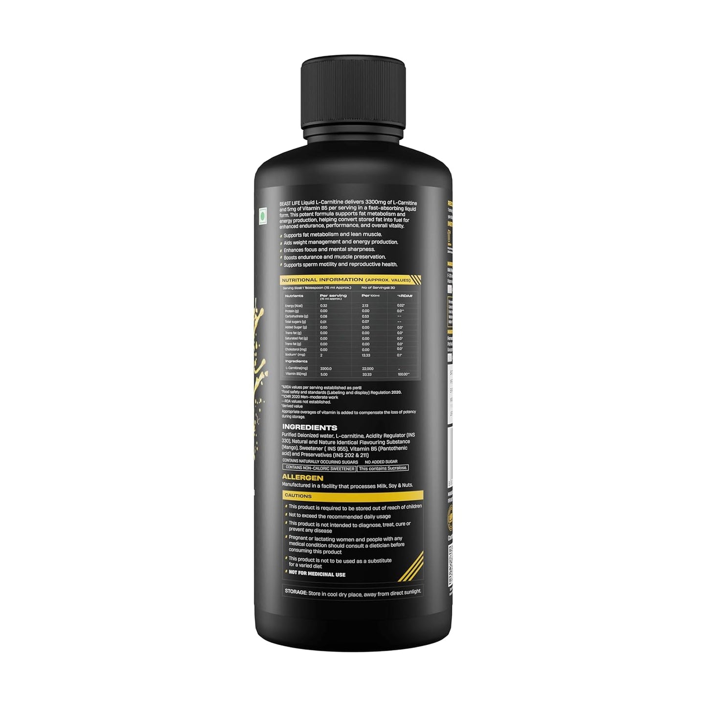 BeastLife L-Carnitine Liquid | 3300mg (Mango Flavor, 450 ml, 30 Servings) Converts Fat to Energy | Triple Strength Formula | Supports Weight Loss | With Vitamin B5 | No Added Sugar