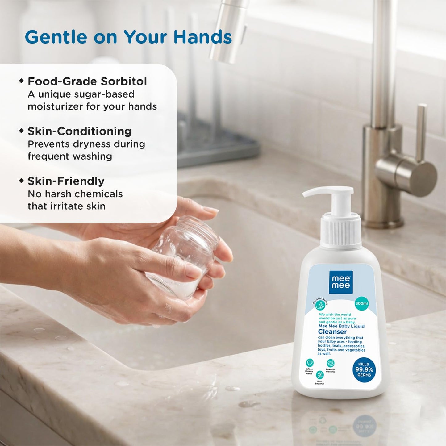 Mee Mee Liquid Cleanser 300 ml | Anti-Bacterial Formula Kills 99.9% Germs | For Bottles, Nipples, Accessories, Toys, Fruits & Vegetables | Alcohol-Free, Dermatologically Tested