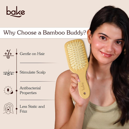 BAKE Bamboo Buddy Wooden Paddle Hair Brush | Natural Bamboo Bristles | Bamboo Comb | Gentle on Hair | Strengthens Scalp & Promotes Hair Growth | For Men & Women | Large Hair Brush