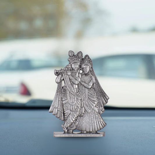 Radha Krishna Bansuri Idol for Car Dashboard – Silver Finish Romantic Murti Flute Playing Krishna Ji with Radha (S909-SLVR)