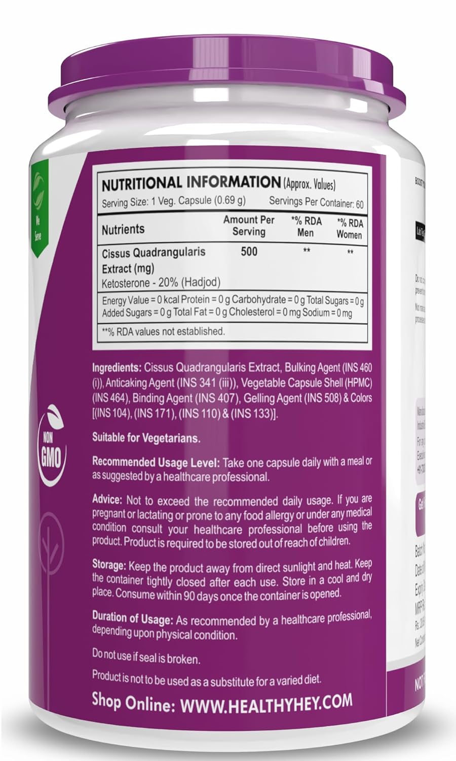 Supplement container with purple lid and back label displaying nutritional information and ingredients.