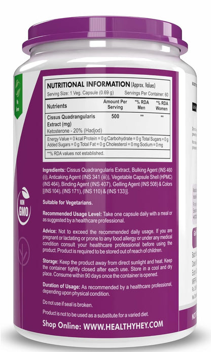 Supplement container with purple lid and back label displaying nutritional information and ingredients.