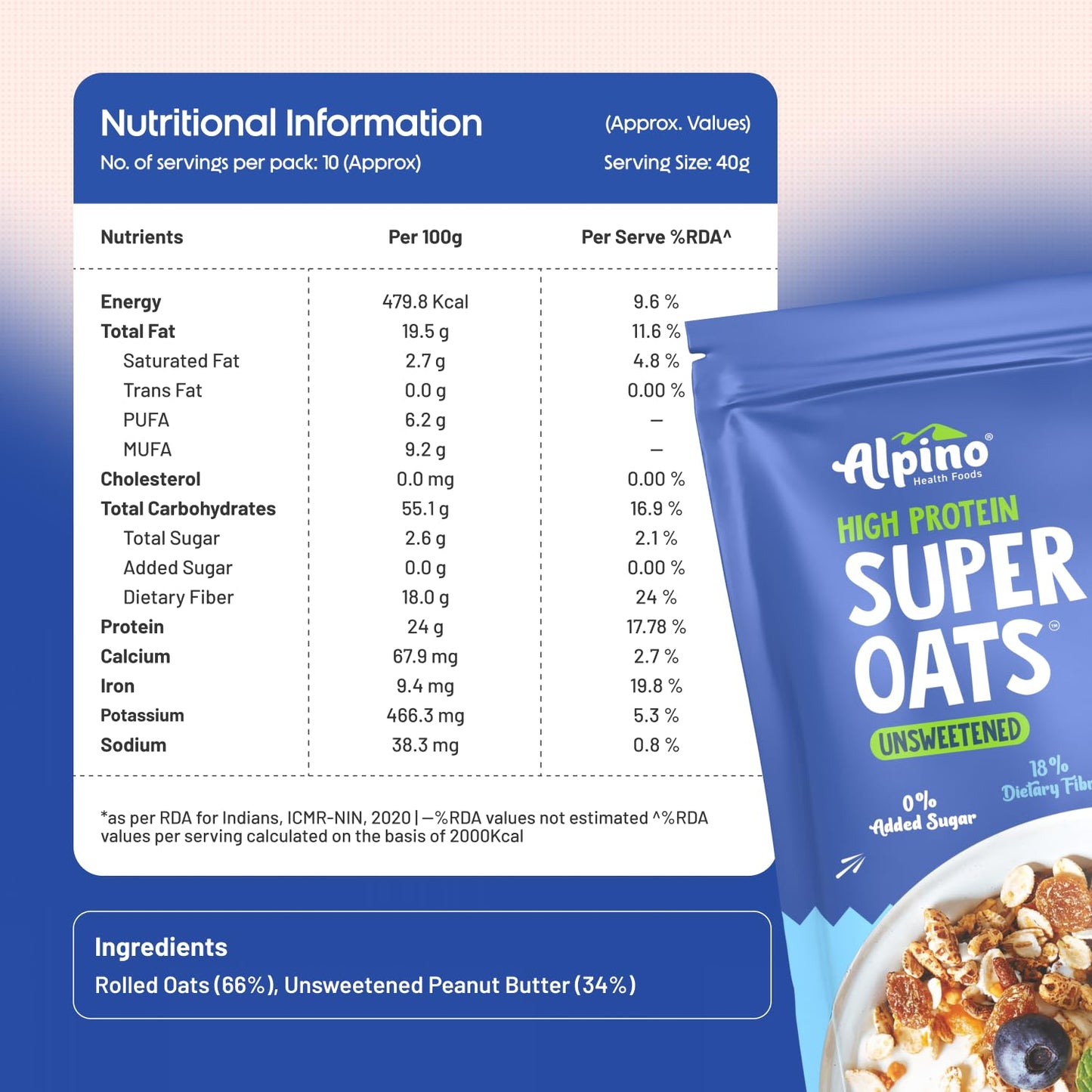 ALPINO 24% High Protein Super Rolled Oats Unsweetened 1kg - Rolled Oats & Natural Peanut Butter – 24g Protein, Source of Dietary Fibre & Healthy Fats, No Added Sugar & Salt