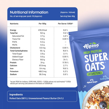 ALPINO 24% High Protein Super Rolled Oats Unsweetened 1kg - Rolled Oats & Natural Peanut Butter – 24g Protein, Source of Dietary Fibre & Healthy Fats, No Added Sugar & Salt