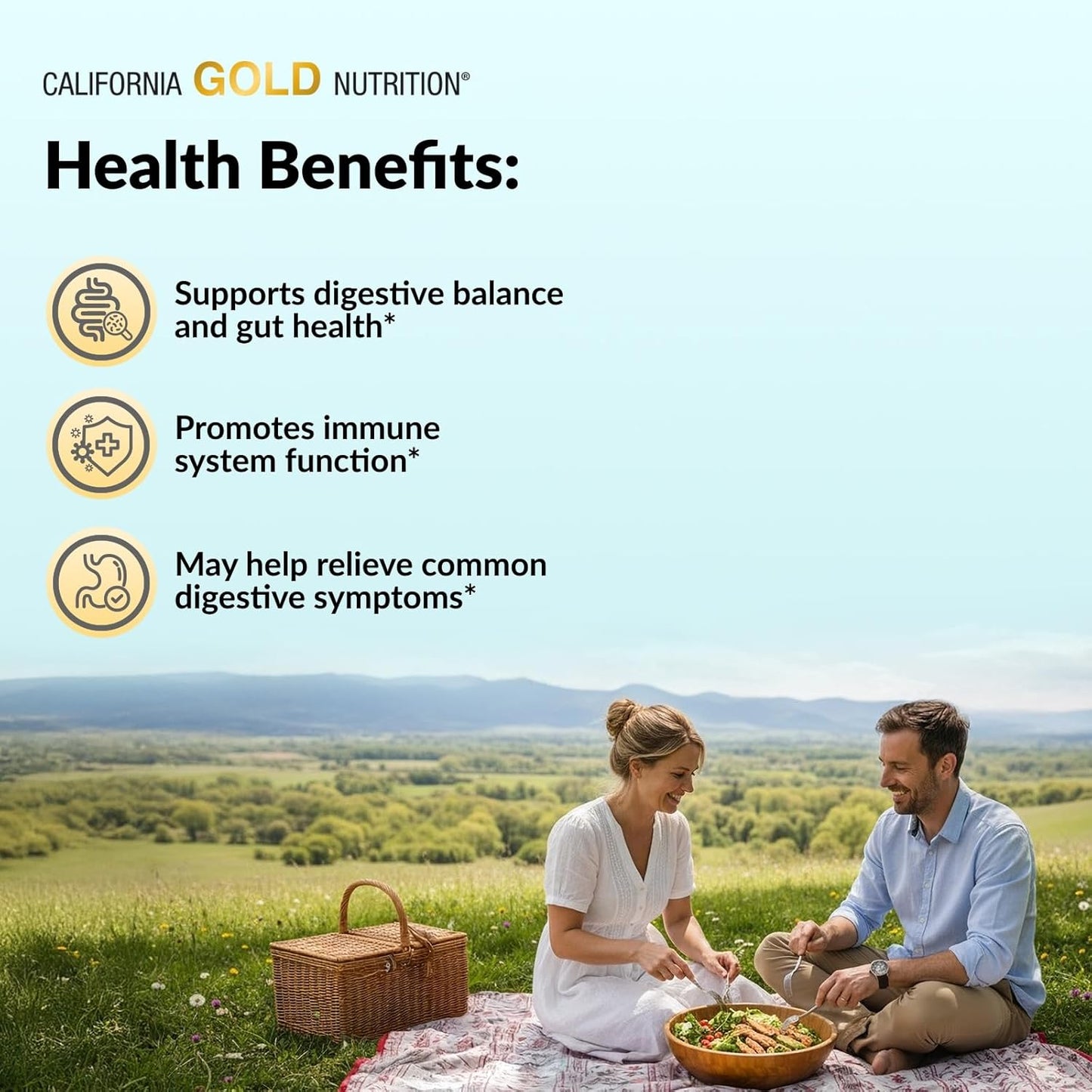 Couple having a picnic with health benefits text overlay on a scenic background