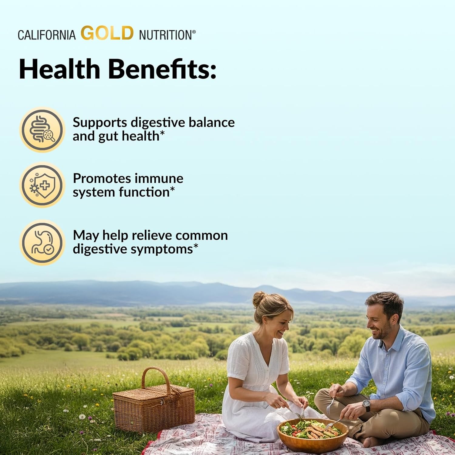 Couple having a picnic with health benefits text overlay on a scenic background