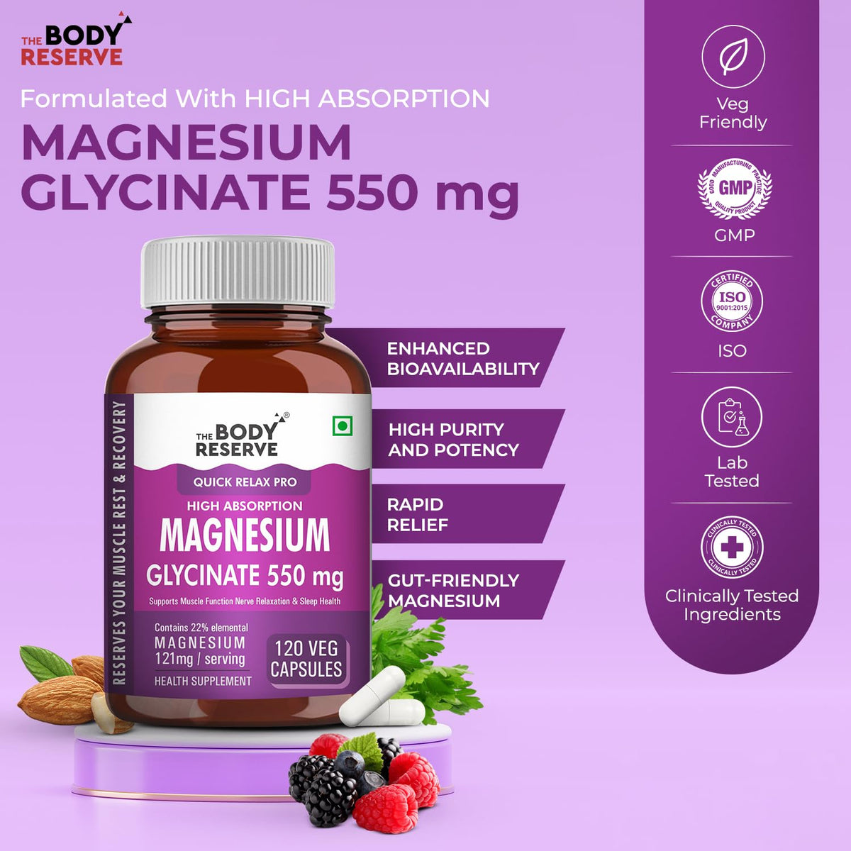 Body Reserve Magnesium Glycinate supplement bottle on a purple background with product details.