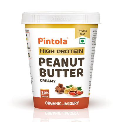 Pintola HIGH Protein ORGANIC JAGGERY Peanut Butter Creamy with 33g Protein & 7g Fiber, Whey Protein Peanut Butter, Gluten Free, Zero Added Salt, Cholesterol Free, 100% Roasted Peanuts