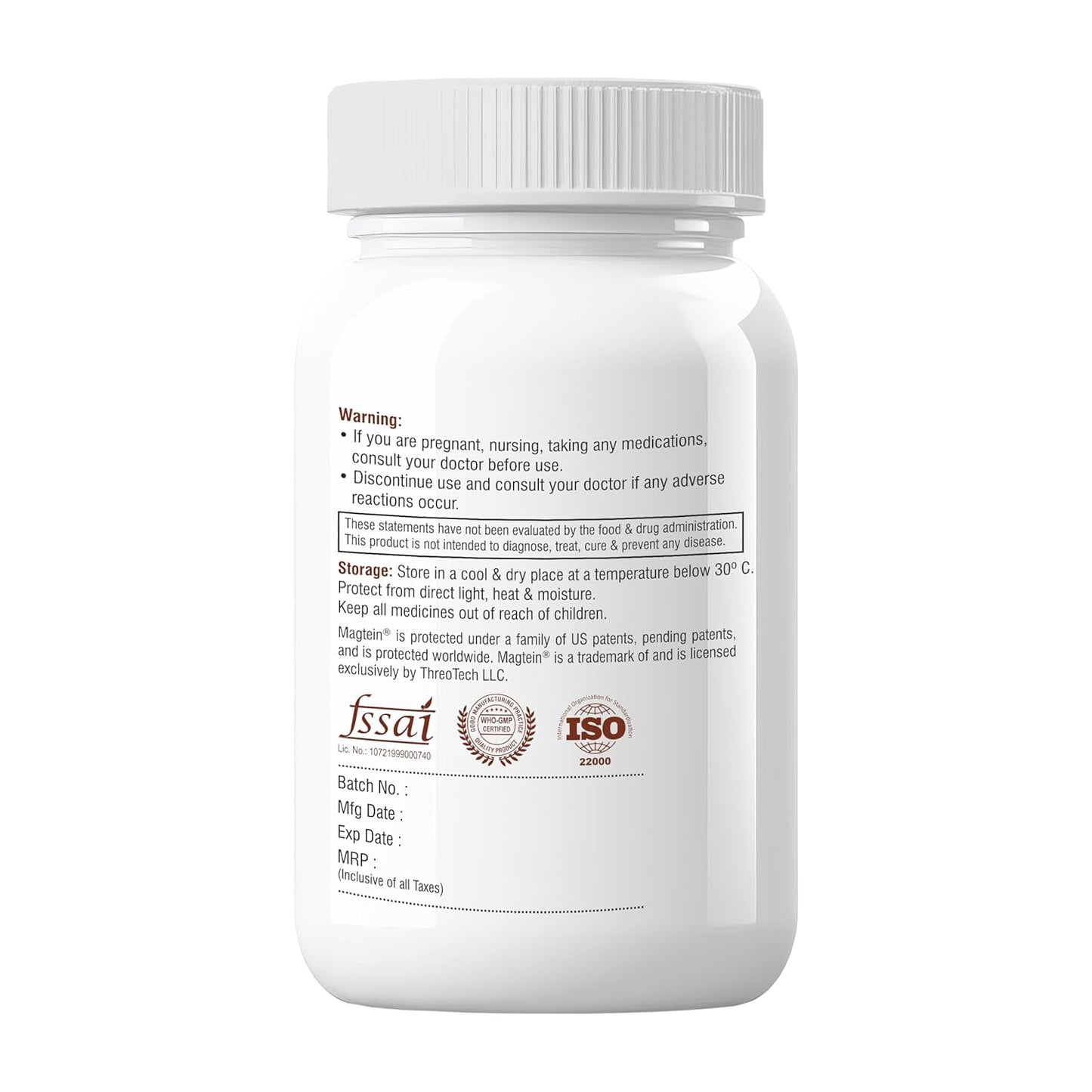 Biotrex Nutraceuticals Magtein Magnesium L-Threonate Supplement, Highly Bioavailable Form of Magnesium, Supports Sleep Health And Cognitive Function - 30 Veg Capsules