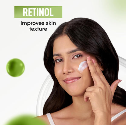 Woman applying cream to her face with text about retinol improving skin texture.