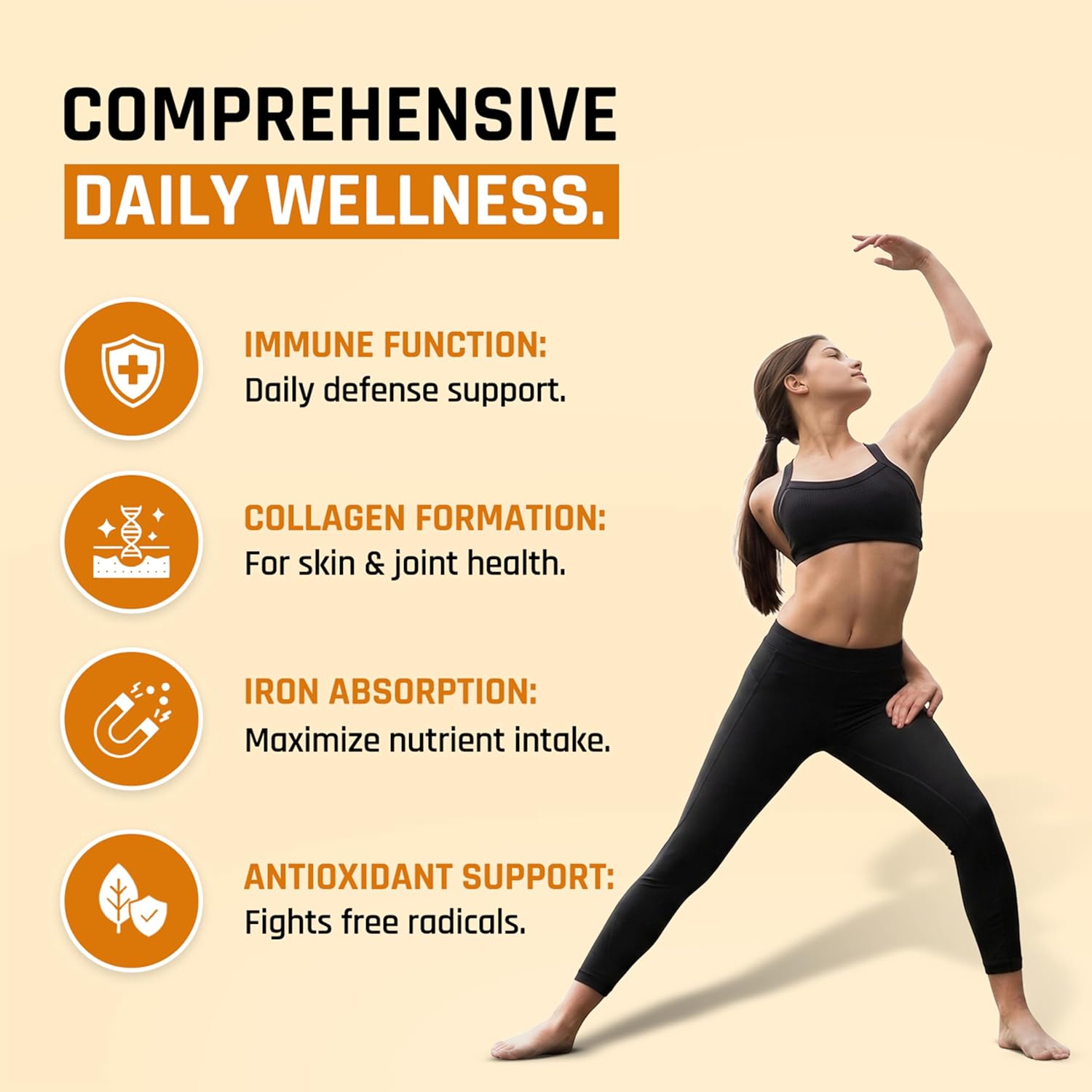 Woman in athletic pose with comprehensive daily wellness benefits on a beige background