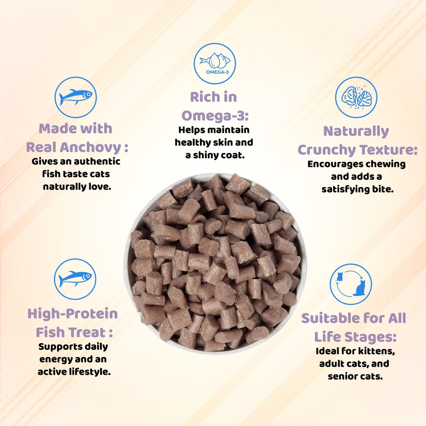 Petoska Mixed Ocean Fish Cat Treats – 100g | Air-Dried Sardine, Mackerel & Anchovy Bites with Taurine & Omega-3 | Chewy | High-Protein Digestion & Reproductive Support| Kittens & Adult Cats