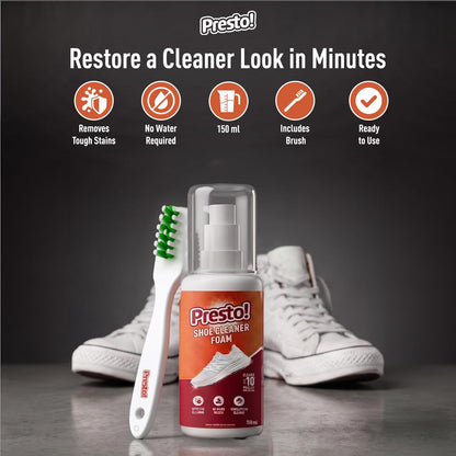 Amazon Brand - Presto! Sports Shoe Cleaner With Brush 150 ml | Removes Tough Stains | No Water Required | Ready To Use