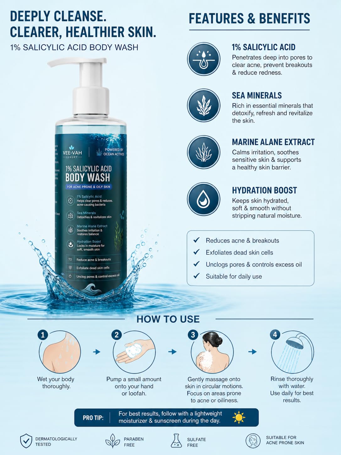 VEE-VAH LUXURY 1% Salicylic Acid Body Wash 250ml | Acne Body Wash for Oily Skin | Exfoliating Body Cleanser for Back Acne & Breakouts | Deep Pore Cleansing with Marine Extracts | Unisex Skincare