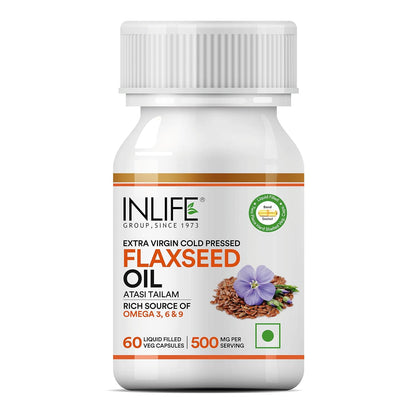 INLIFE Flaxseed Oil Omega 3 6 9 Supplement, Extra Virgin Cold Pressed 500 mg - 60 Vegetarian Capsules (Pack of 1)