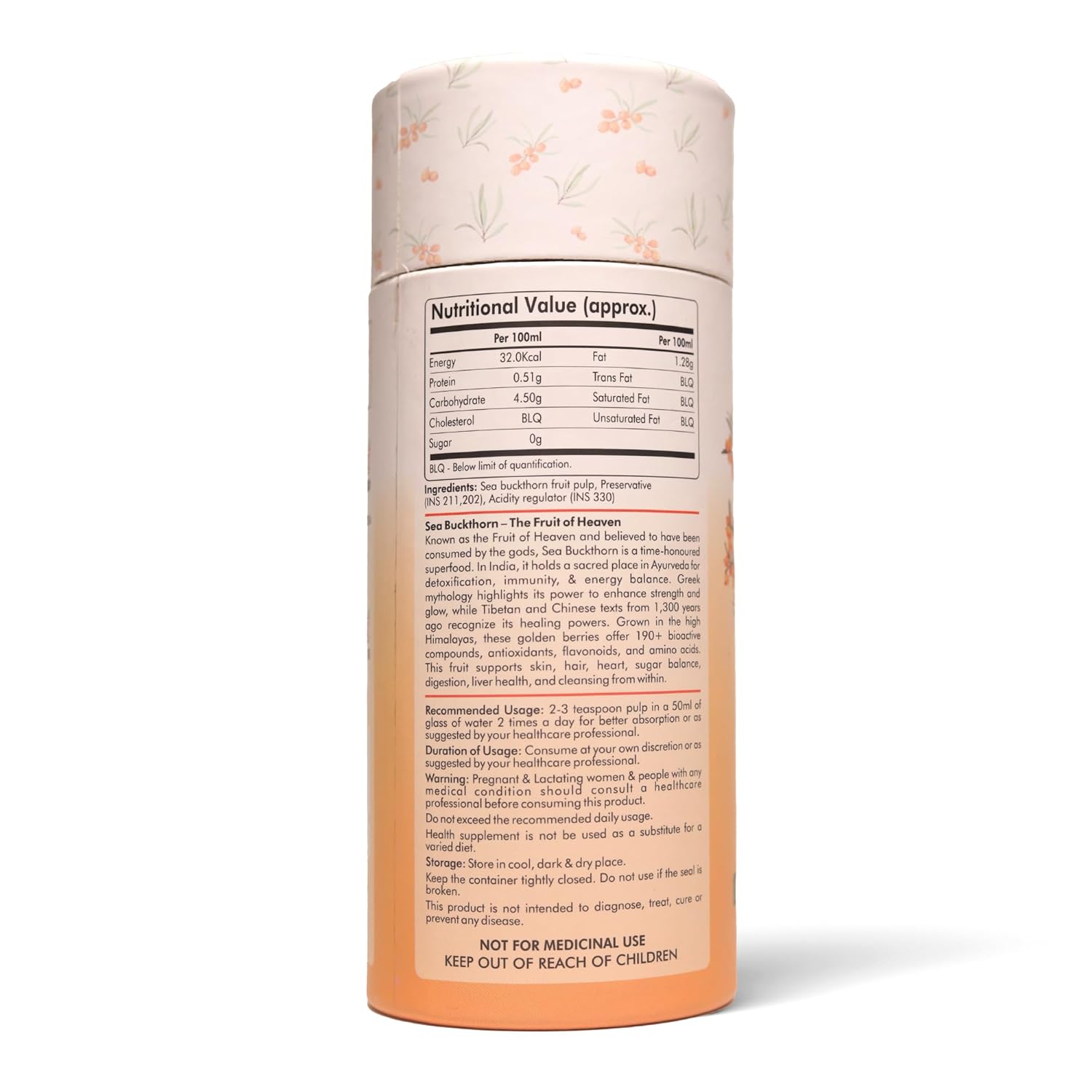Supplement container with nutritional information on a white background