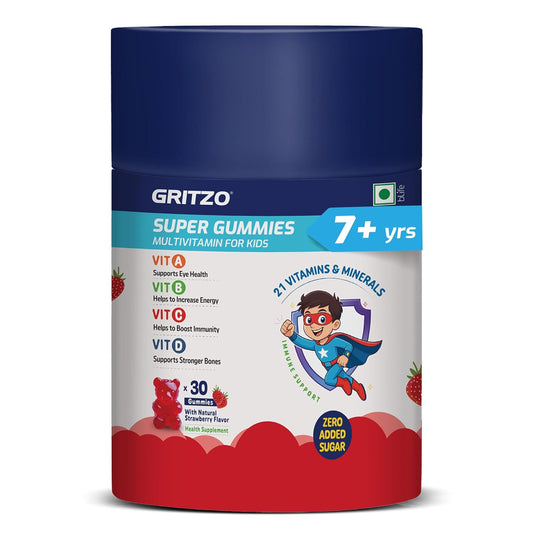 Gritzo Super Gummies Multivitamin (7+y Kids) (Strawberry Flavour, 30 Gummies) | Zero Added Sugar, 21 Vitamins & Minerals