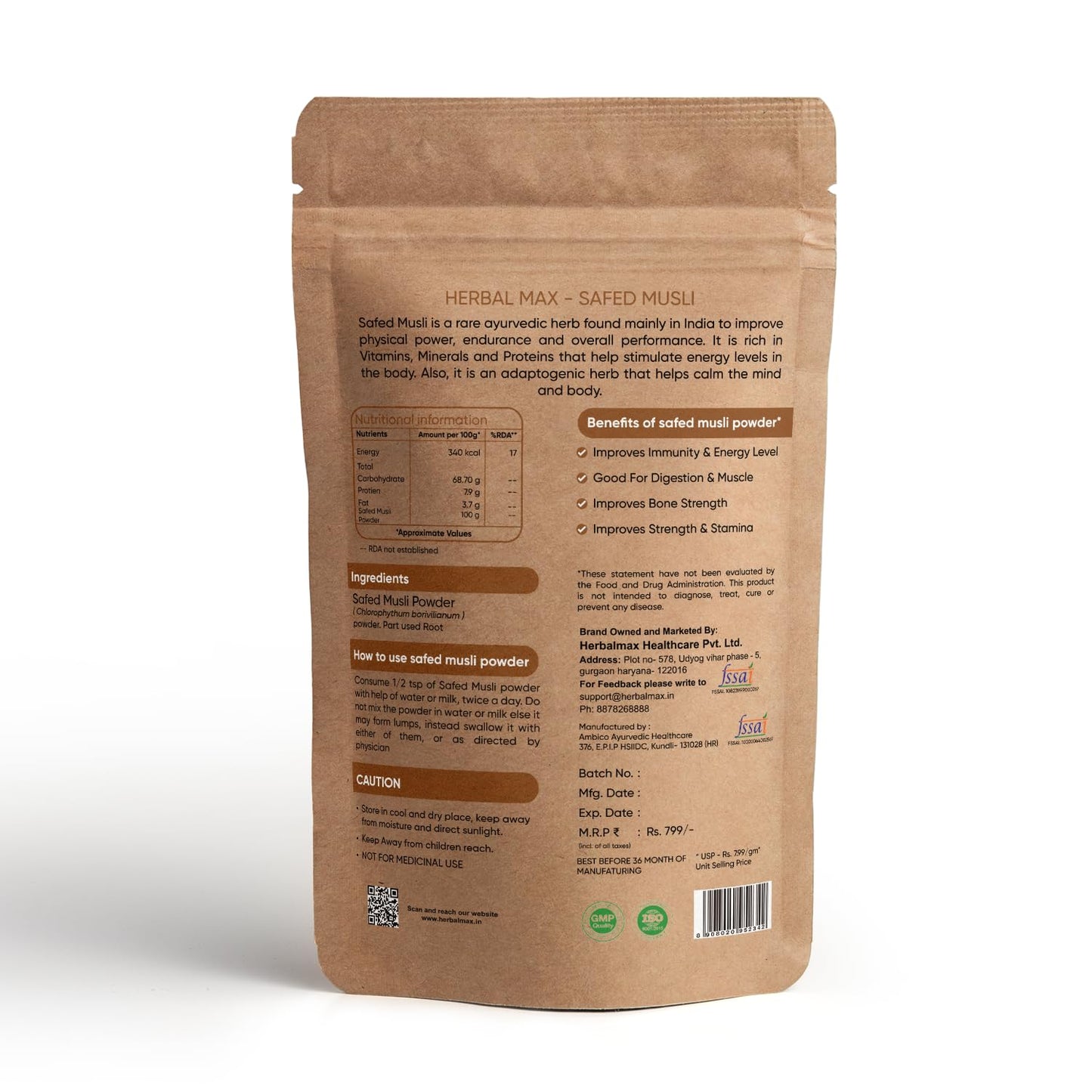Herbal Max Organic Safed Musli Root Powder – 100g | Ayurvedic Supplement for Strength, Stamina, Vitality & Performance | Herbal Health Booster