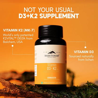 Vitamin D3 + K2 supplement bottle with branding on an orange background