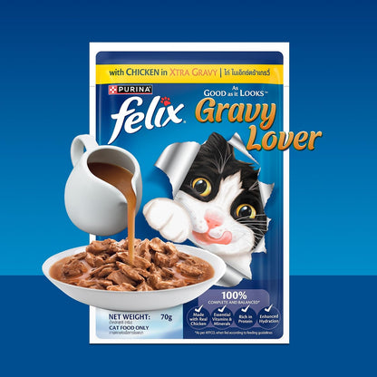 Purina Felix Chicken Gravy Lover, Wet Food for Adult Cats, 70g Pouch | With Chicken in Gravy, Tasty Meaty Chunks, 100% Complete & Balanced Nutrition, Vitamins D & E, Omega 6, Essential Minerals