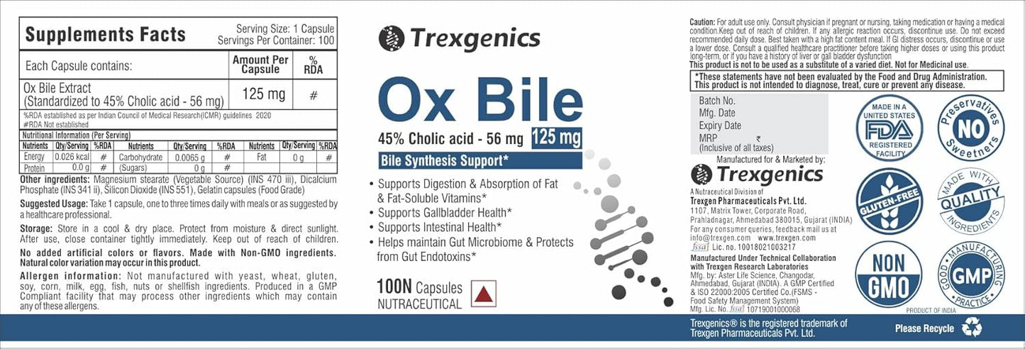 Trexgenics BILE EXTRACT 125 mg 45% CHOLIC ACID Bile Synthesis Support (100 Capsules) (Pack of 1).