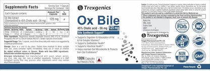 Trexgenics BILE EXTRACT 125 mg 45% CHOLIC ACID Bile Synthesis Support (100 Capsules) (Pack of 1).