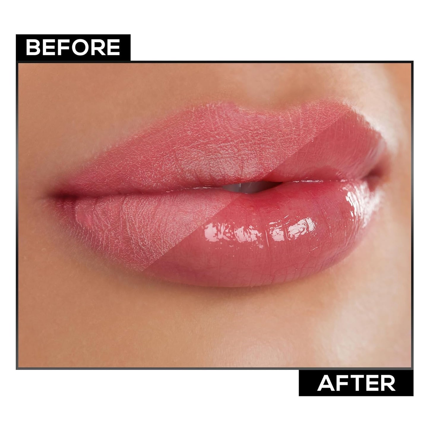 Before and after comparison of lips with a glossy lip product.