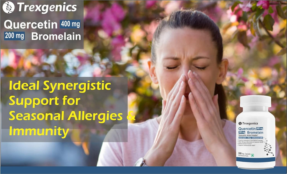 Woman with allergies sneezing next to Trexegenics Quercetin 400 mg Bromelain supplement bottle.