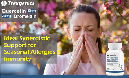 Woman with allergies sneezing next to Trexegenics Quercetin 400 mg Bromelain supplement bottle.