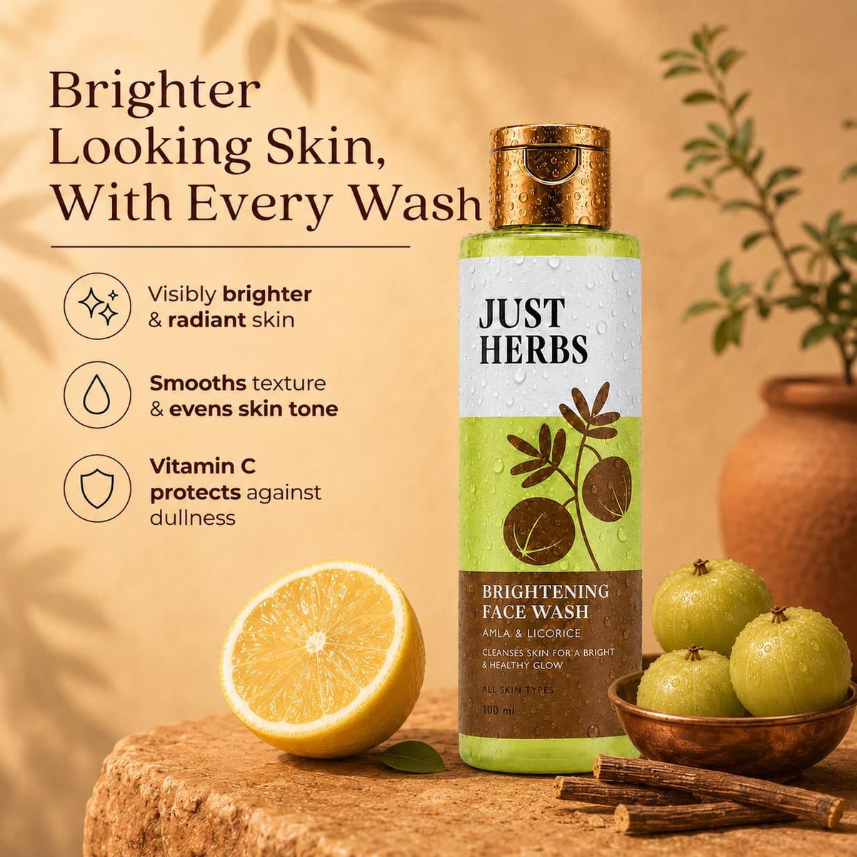 Just Herbs Brightening Face Wash with Vitamin C Amla & Liquorice Root for Men & Women | Hydrates Skin, Reduces Hyperpigmentation & Maintains pH Level | Suits All Skin Types- 50 gm
