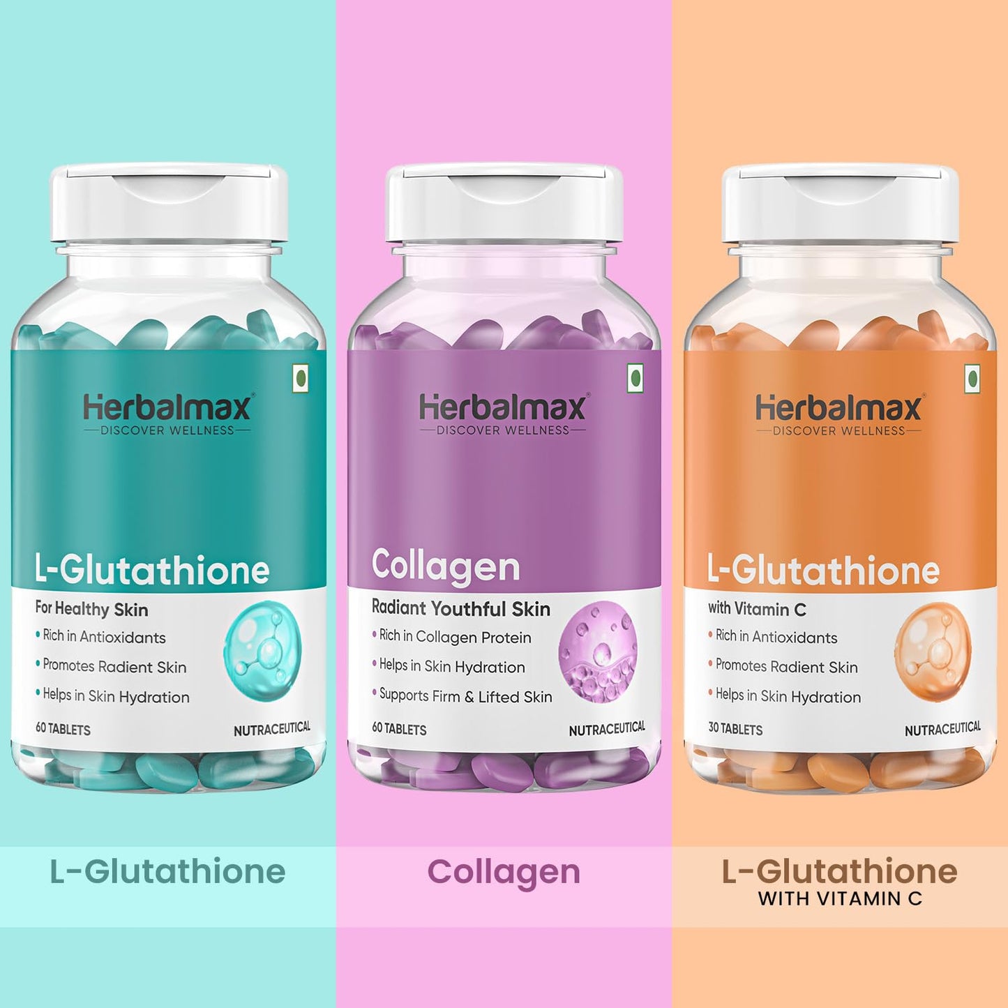 Herbalmax L-Glutathione Tablets with Vitamin C Skin Whitening, Brightening & Radiance Powerful Antioxidant & Immunity Booster Natural Detox Support 30 Tablets