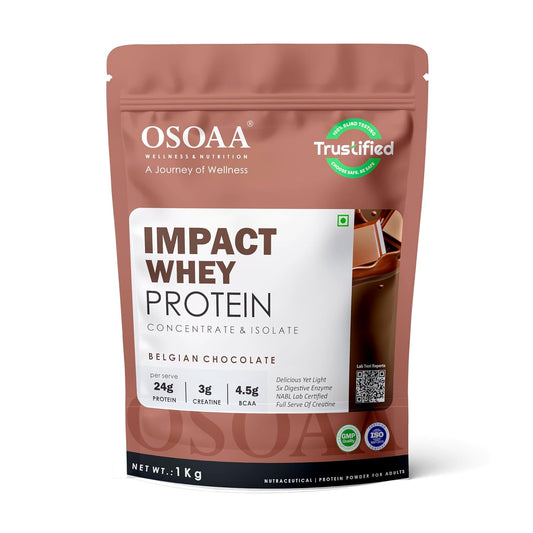 OSOAA Impact Whey Protein package in Belgian Chocolate flavor on a white background