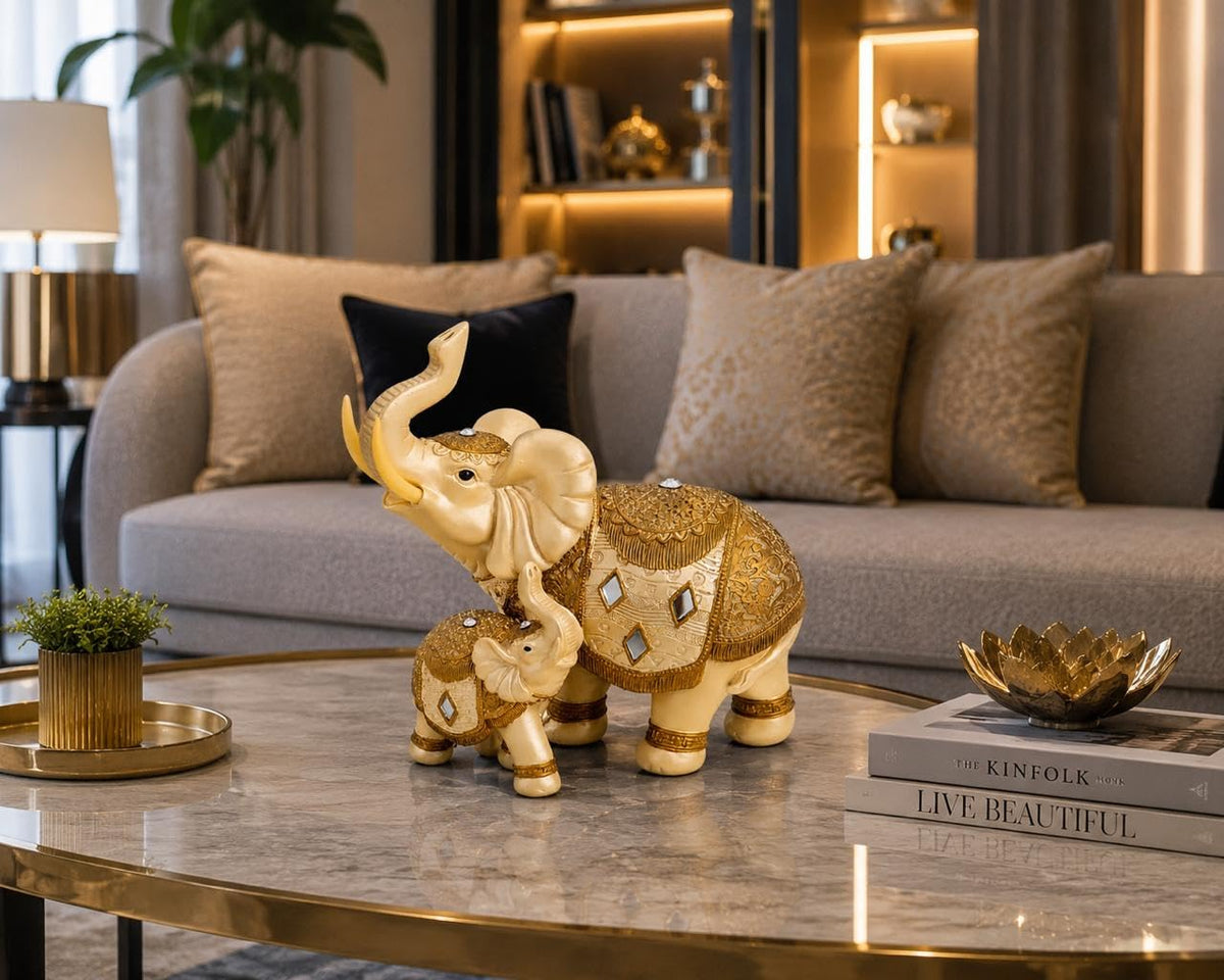 Decorative Elephant Showpiece for Home Décor | Resin Lucky Elephant Statue with Mother & Baby Design | Tabletop Feng Shui Good Luck Idol (White Elephant Family)