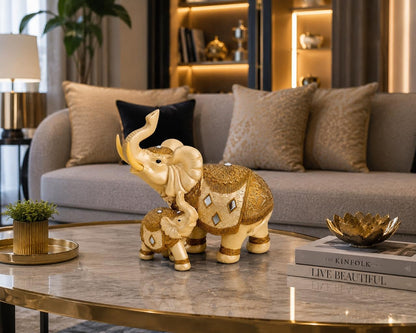 Decorative Elephant Showpiece for Home Décor | Resin Lucky Elephant Statue with Mother & Baby Design | Tabletop Feng Shui Good Luck Idol (White Elephant Family)