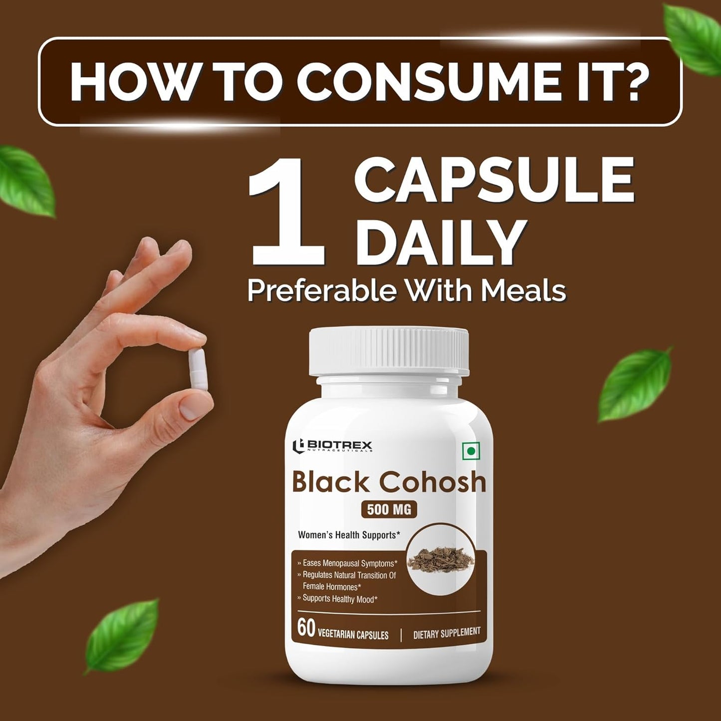 Biotrex Nutraceuticals Black Cohosh (10:1) 500mg | Supports Mood Balance & Hot Flashes | Overall Wellbeing & Bone Health | Non-GMO & Gluten Free | 60 Veg Capsule